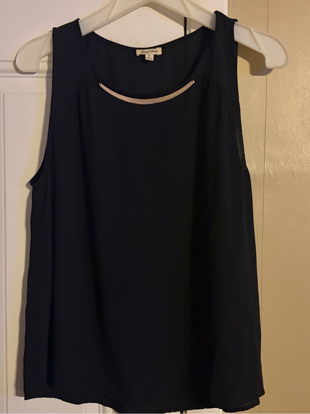 Lily White Black Sleeveless Tank with Gold Metal Bar Neck Trim